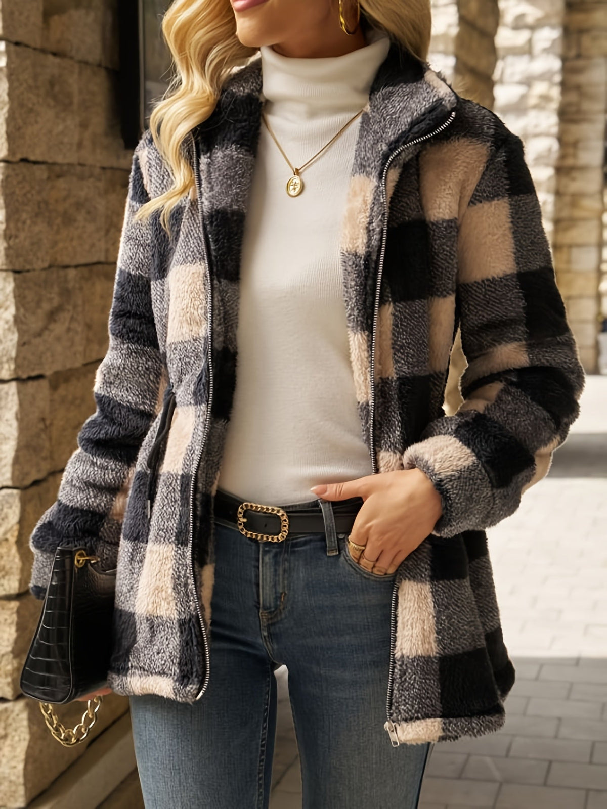 Giacca con cappuccio a quadri Cozy – Abbigliamento casual, attività all'aperto