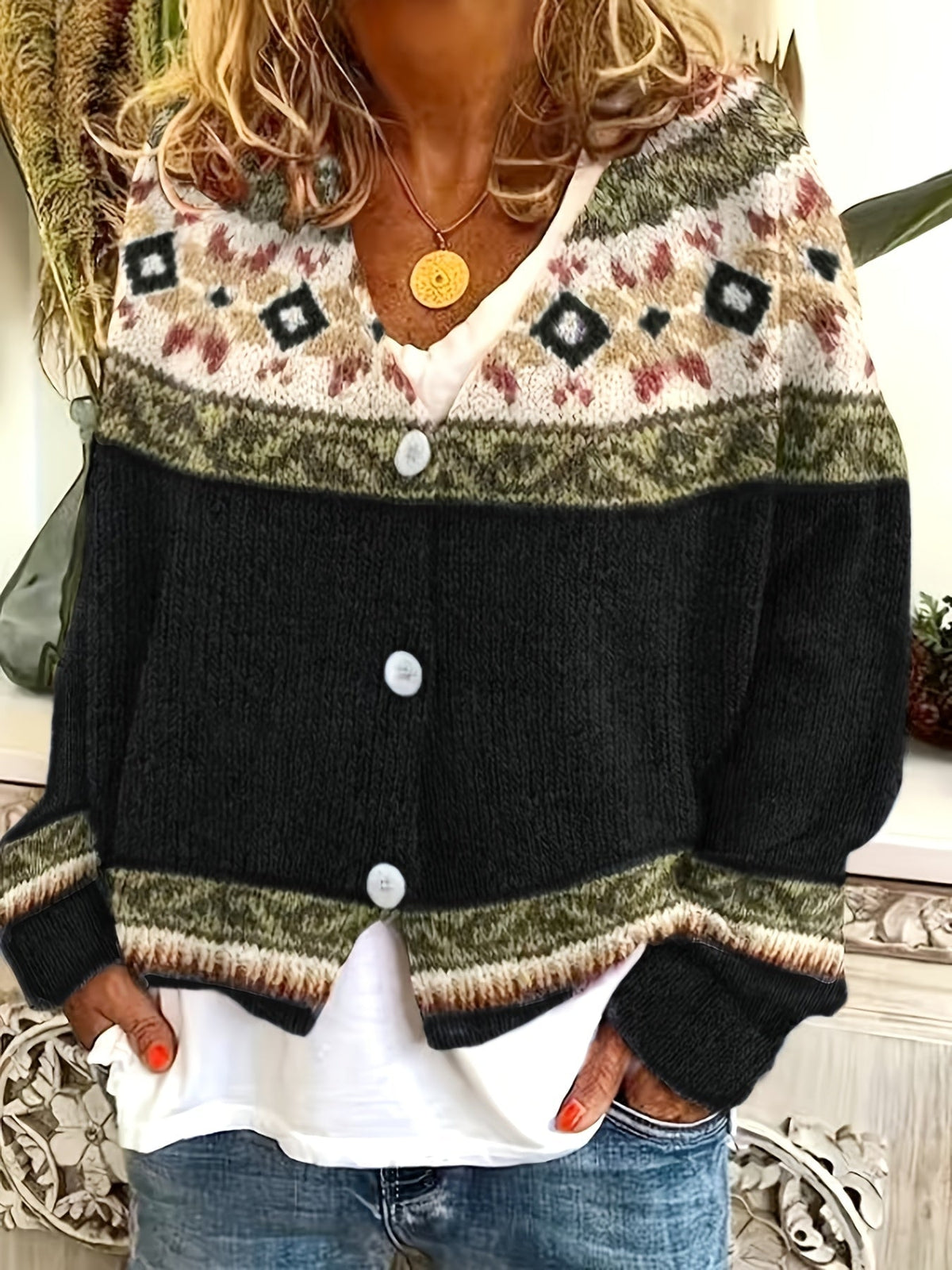 Cardigan con bottoni a fantasia – Abbigliamento casual, a strati