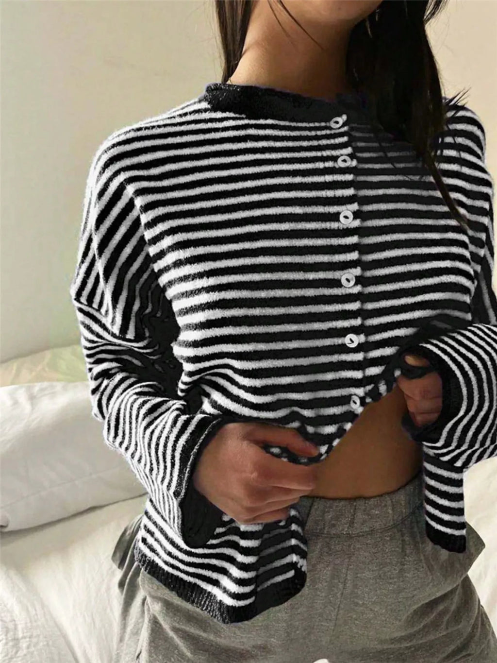 Striped Knit Cardigan with Buttons – Casual, Office