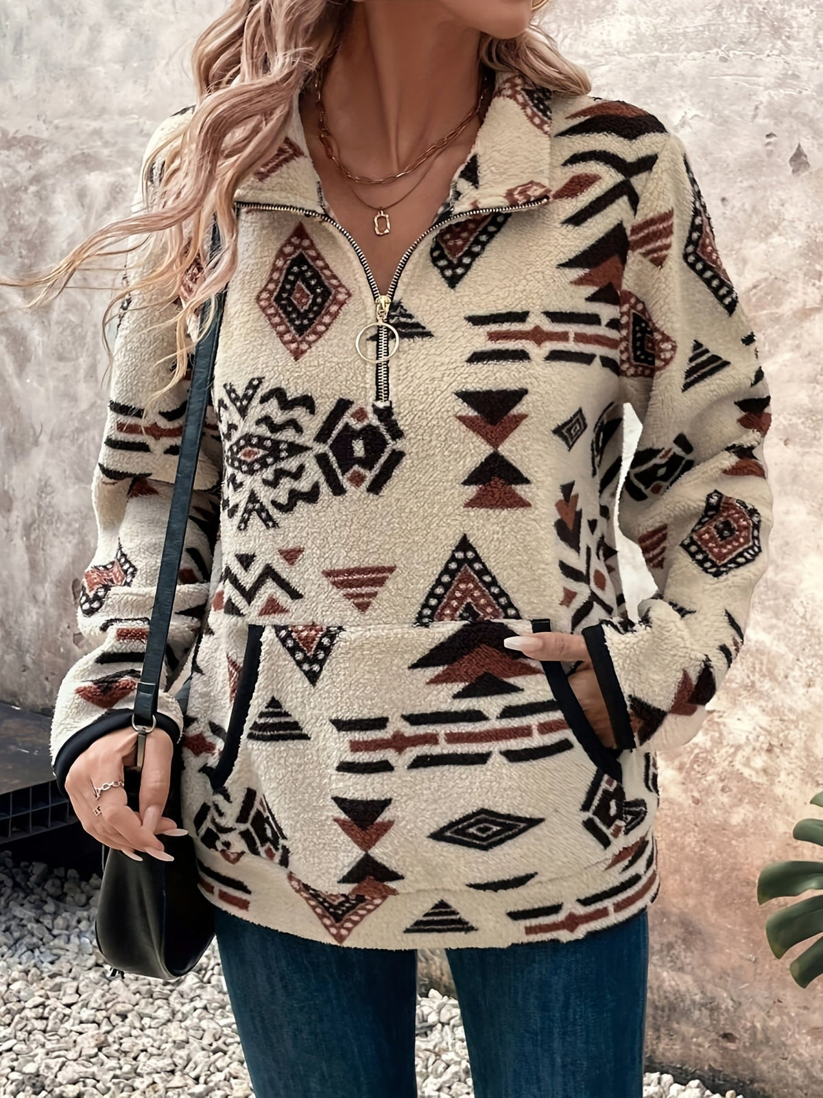 Felpa quarter-zip con stampa azteca – Abbigliamento casual, a strati