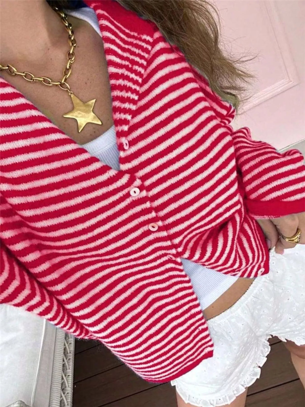 Striped Knit Cardigan with Buttons – Casual, Office