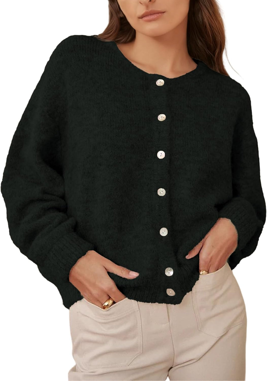 Womens Cardigan Sweater Loose Long Sleeve Crewneck – Casual, Everyday Wear