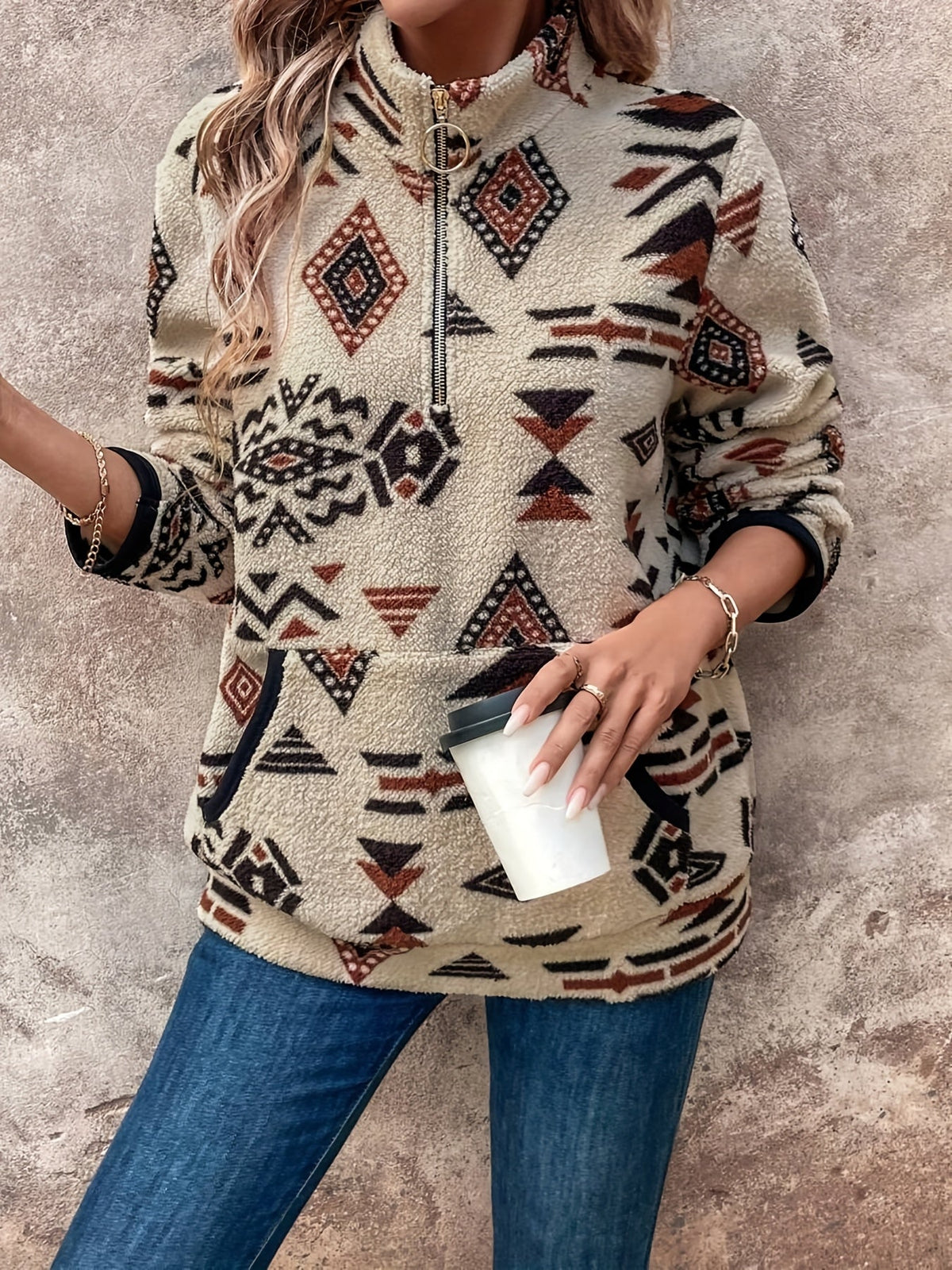 Felpa quarter-zip con stampa azteca – Abbigliamento casual, a strati