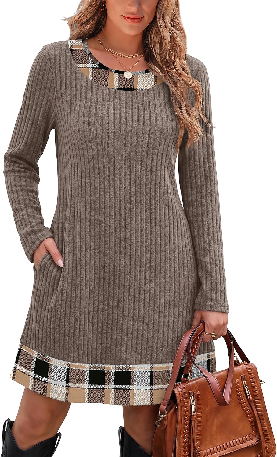 Long Sleeve Color Block Sweater Dress for Women – Casual, Office