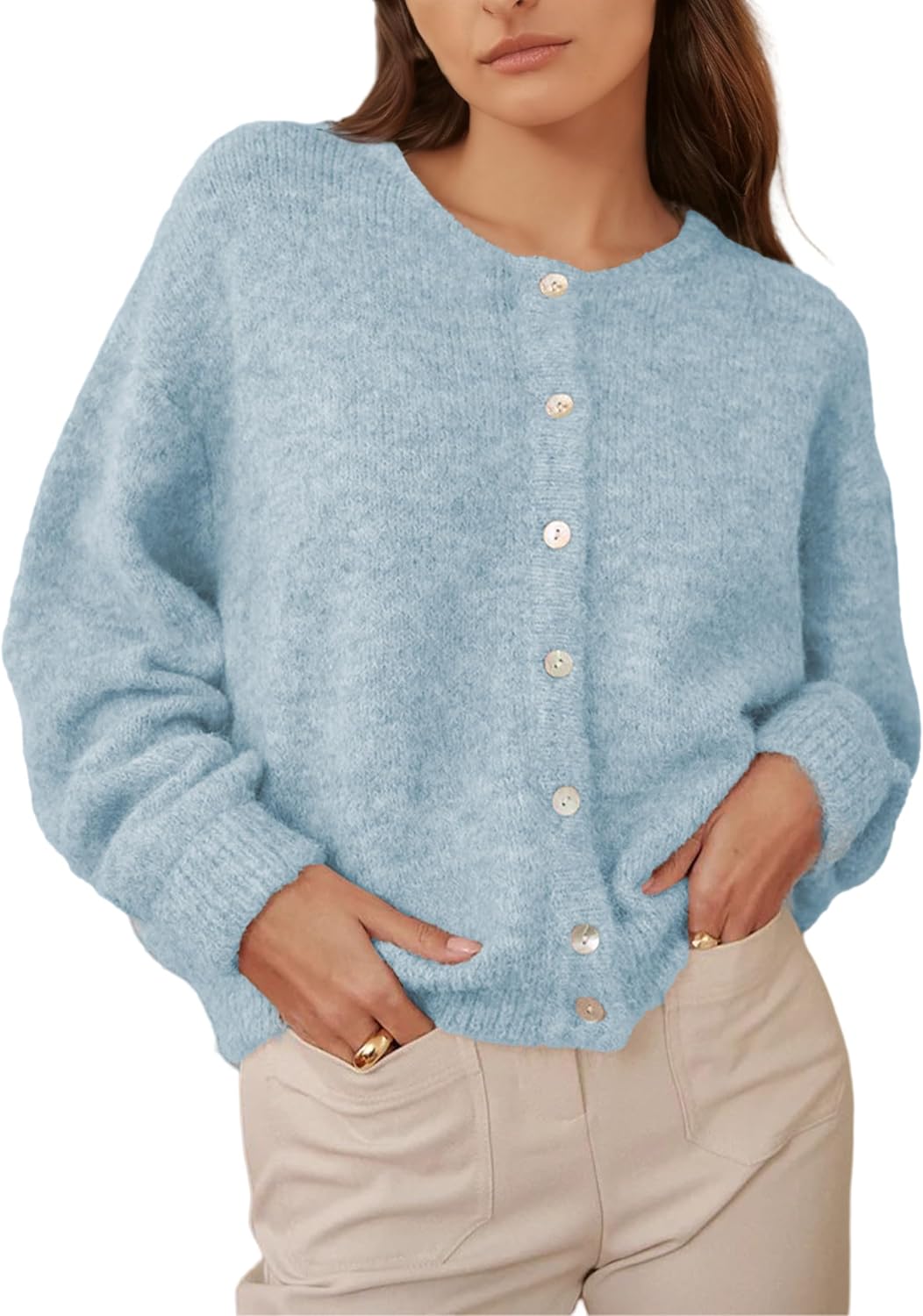 Womens Cardigan Sweater Loose Long Sleeve Crewneck – Casual, Everyday Wear