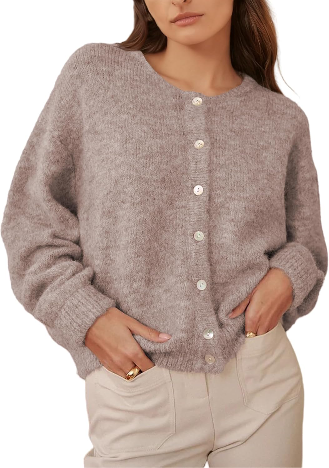 Womens Cardigan Sweater Loose Long Sleeve Crewneck – Casual, Everyday Wear