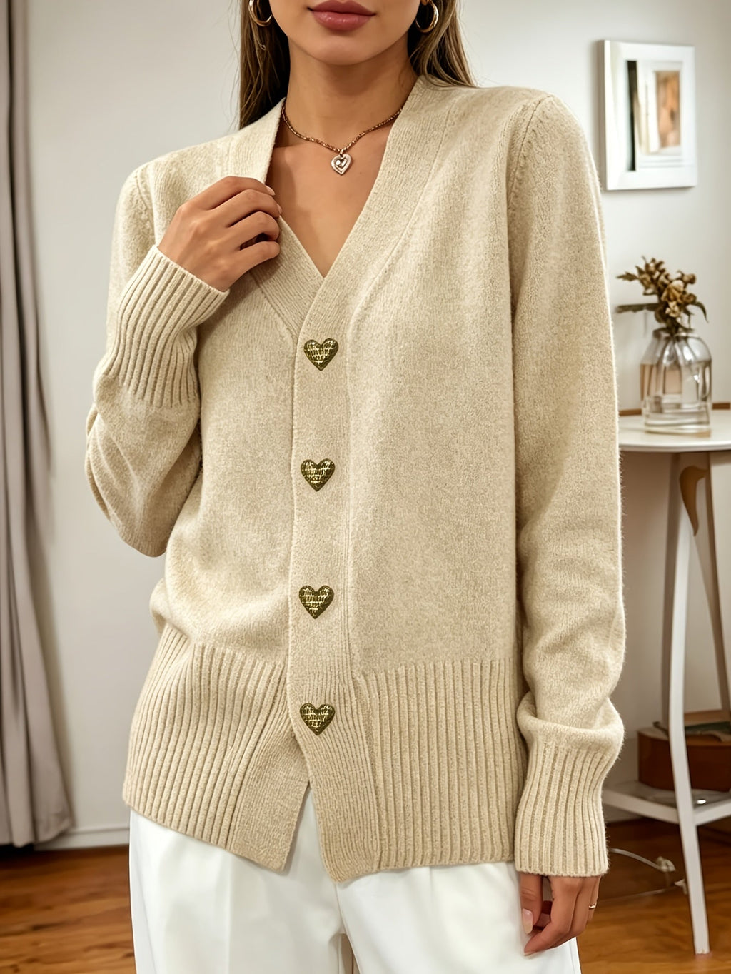 Cardigan con scollo a V e bottoni a cuore – Abbigliamento casual, a strati