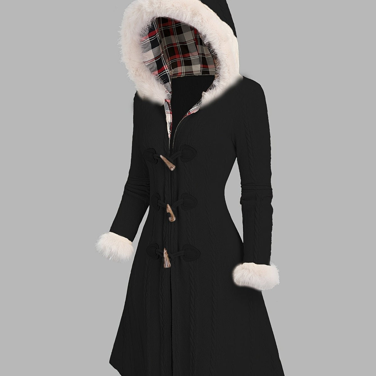 Cappotto lungo con cappuccio bordato in pelliccia – Abbigliamento casual, moda invernale
