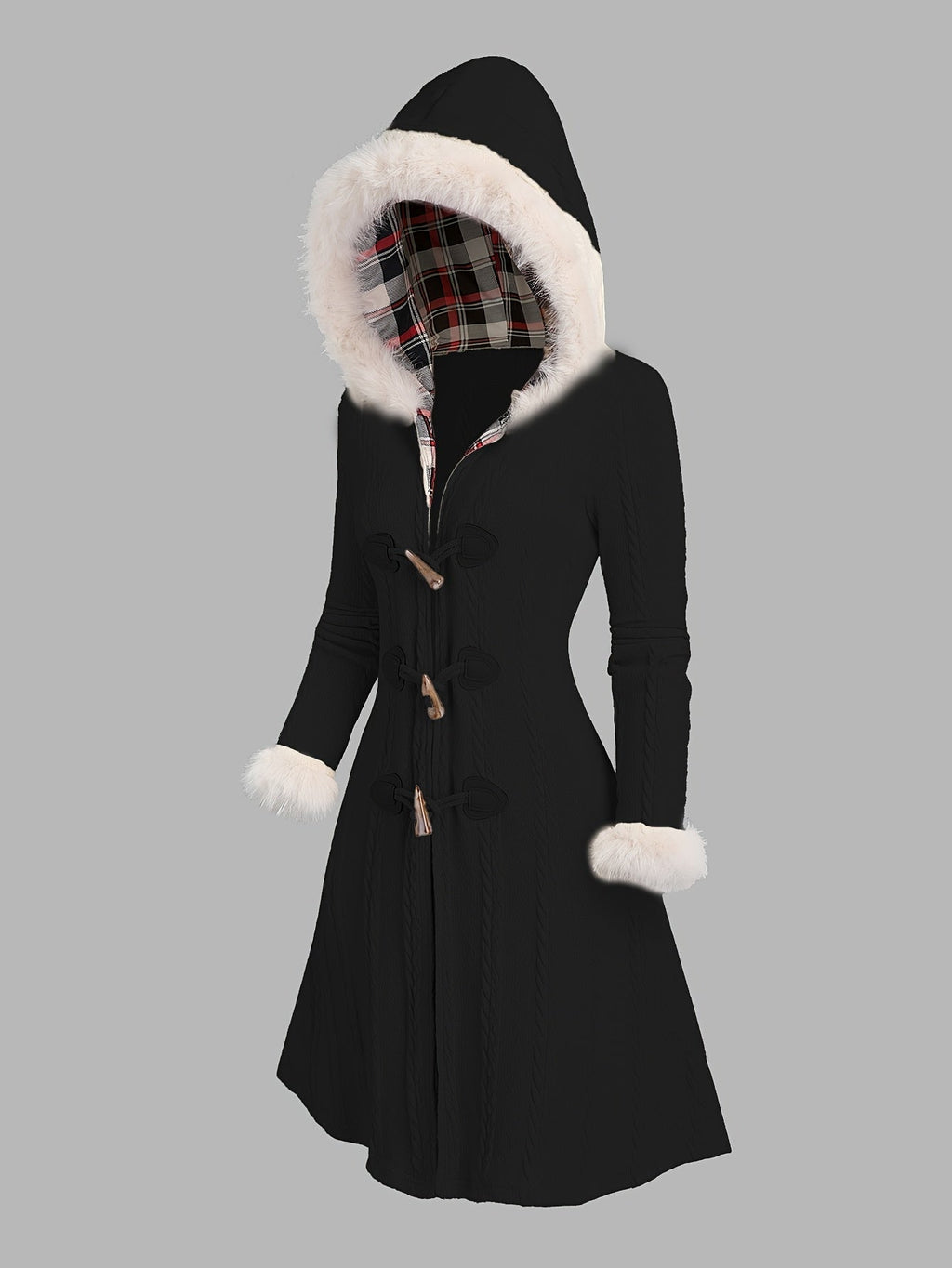 Cappotto lungo con cappuccio bordato in pelliccia – Abbigliamento casual, moda invernale