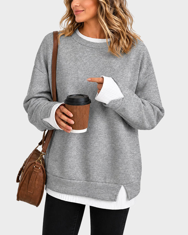 Oversized Faux-Layered Long Sleeve Sweatshirt – Casual Wear, Everyday Comfort