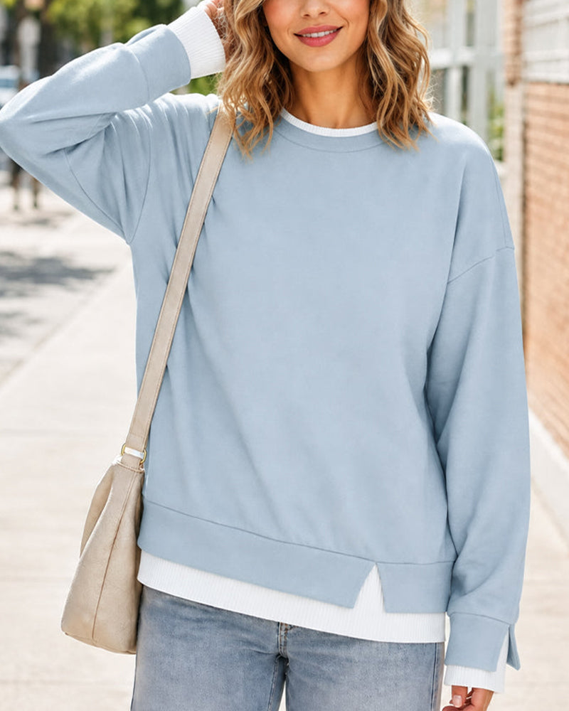 Oversized Faux-Layered Long Sleeve Sweatshirt – Casual Wear, Everyday Comfort