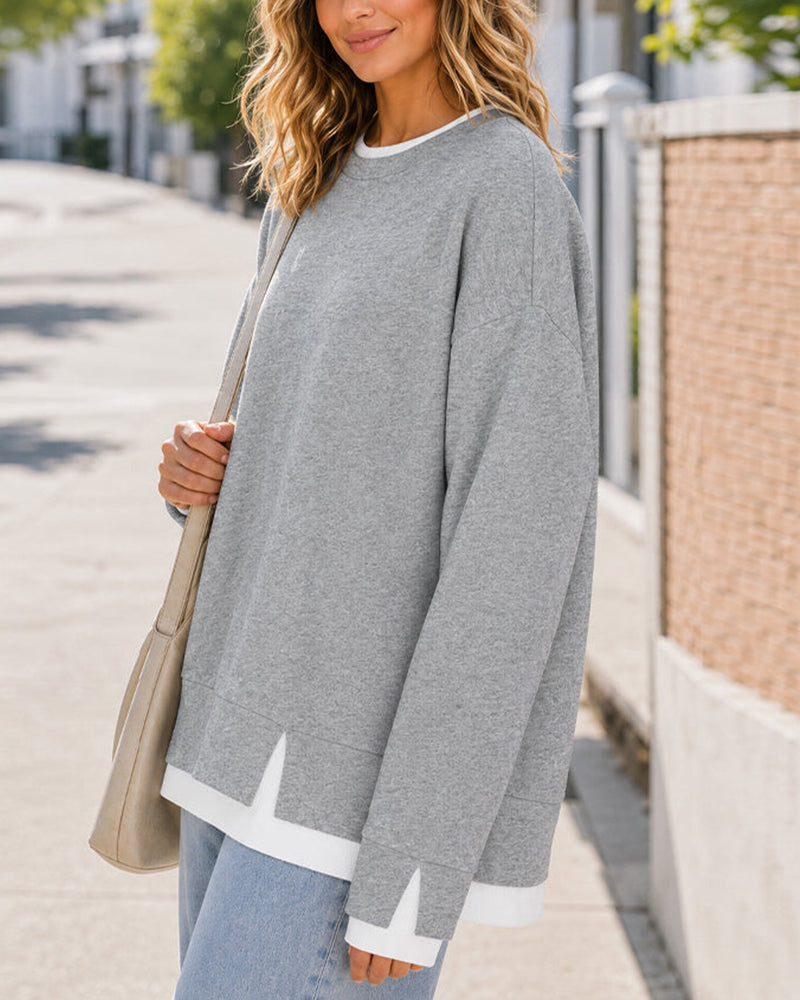 Oversized Faux-Layered Long Sleeve Sweatshirt – Casual Wear, Everyday Comfort