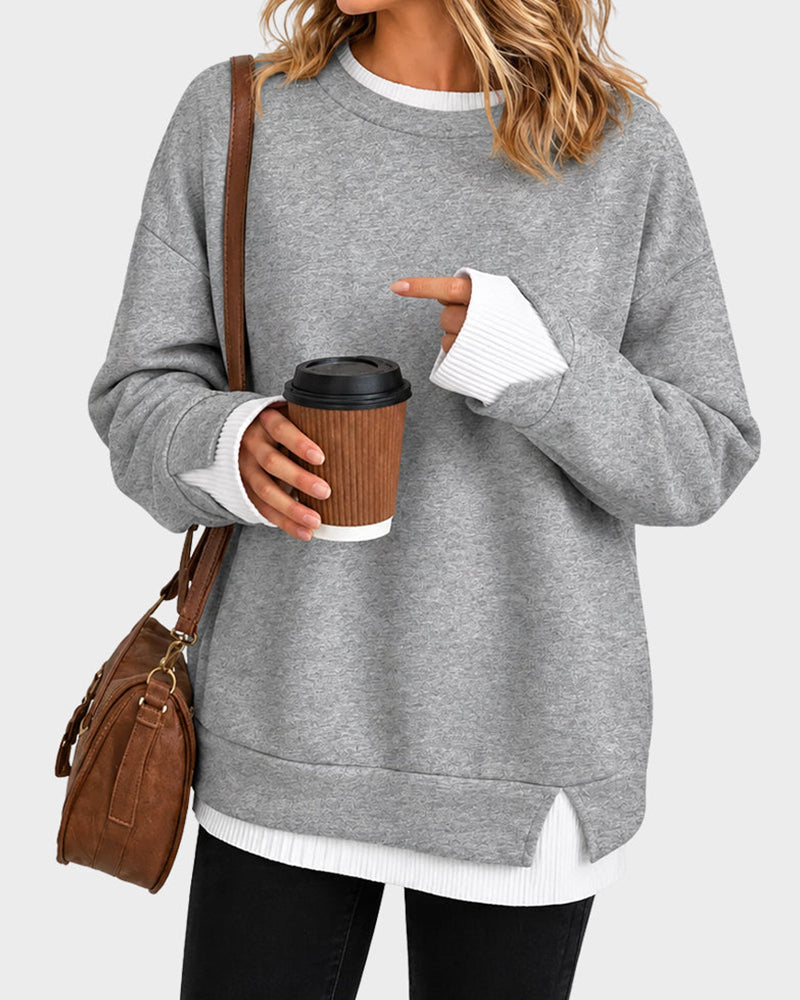 Oversized Faux-Layered Long Sleeve Sweatshirt – Casual Wear, Everyday Comfort