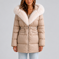 Women’s Hooded Puffer Coat with Faux Fur Trim and Belt – Casual, Winter Wear