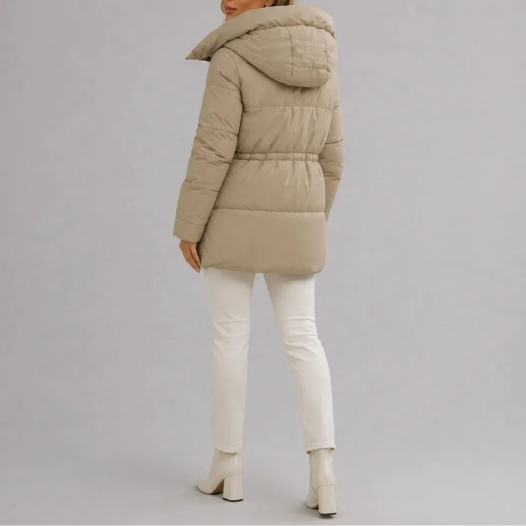 Women's Hooded Puffer Coat with Drawstring Waist – Casual, Winter Wear