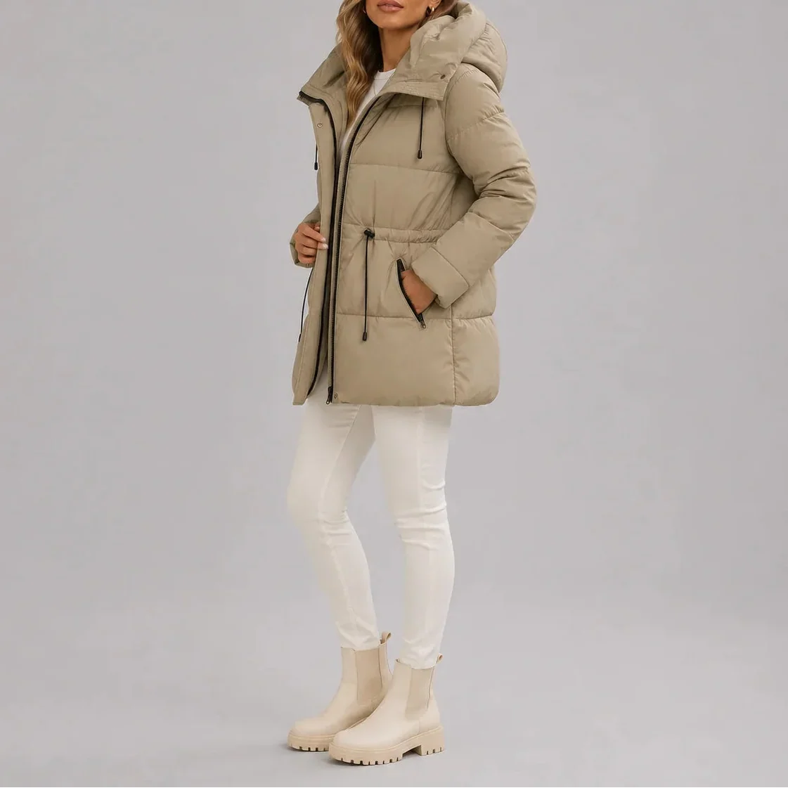 Women's Hooded Puffer Coat with Drawstring Waist – Casual, Winter Wear