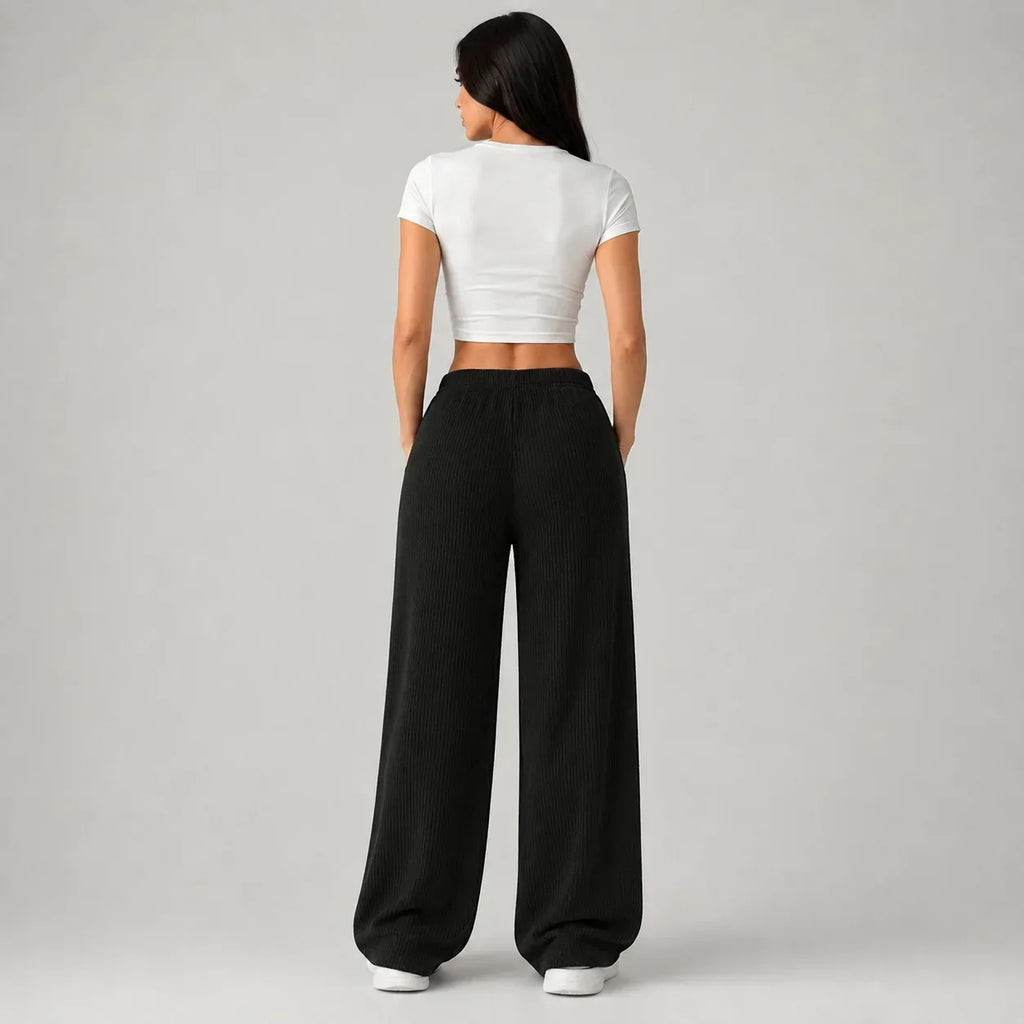 Women’s Wide Leg Lounge Pants, Ribbed Drawstring – Casual, Relaxation