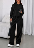 Fleece Hooded Sweatshirt & Wide Leg Sports Pants Set – Casual Wear, Outdoor Activities