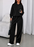Fleece Hooded Sweatshirt & Wide Leg Sports Pants Set – Casual Wear, Outdoor Activities