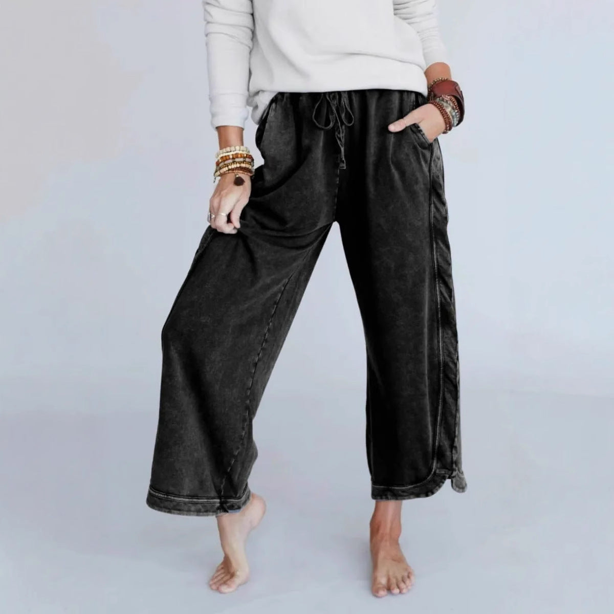 Retro Washed Vintage Casual Drawstring Long Pants – Everyday Wear, Comfortable Style
