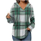 Hooded Pullover V-Neck Plaid Long Sleeve – Casual Wear, Autumn Style