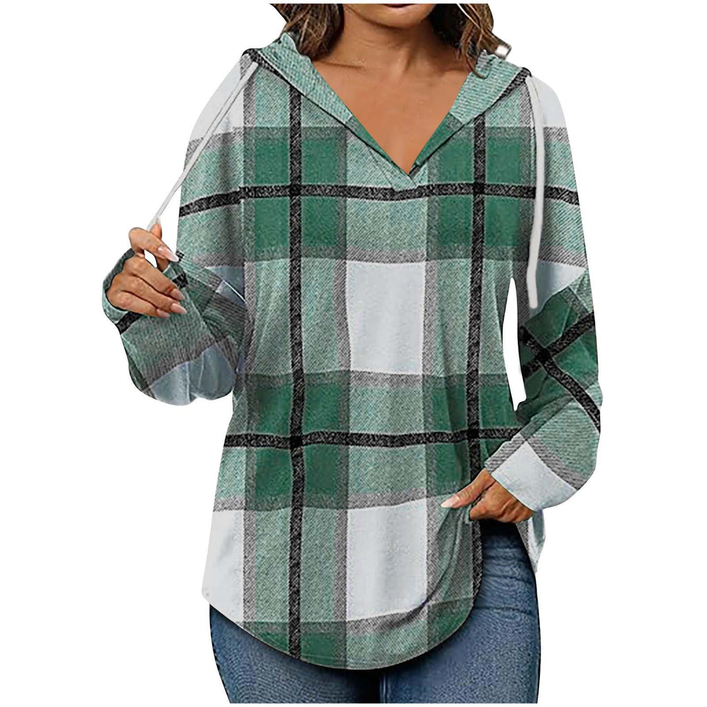 Hooded Pullover V-Neck Plaid Long Sleeve – Casual Wear, Autumn Style