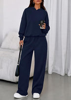 Fleece Hooded Sweatshirt & Wide Leg Sports Pants Set – Casual Wear, Outdoor Activities