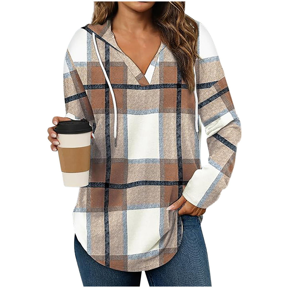 Hooded Pullover V-Neck Plaid Long Sleeve – Casual Wear, Autumn Style