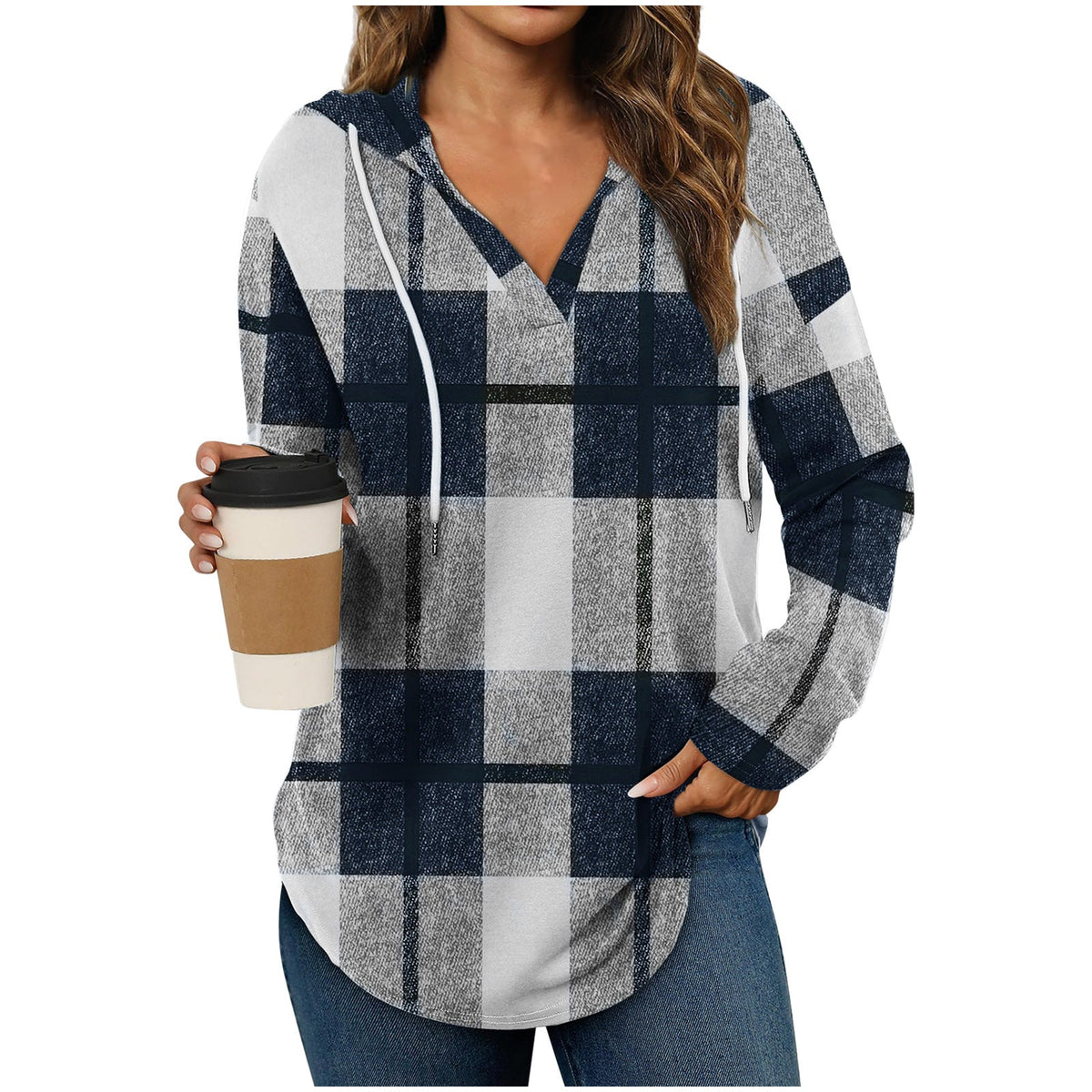 Hooded Pullover V-Neck Plaid Long Sleeve – Casual Wear, Autumn Style