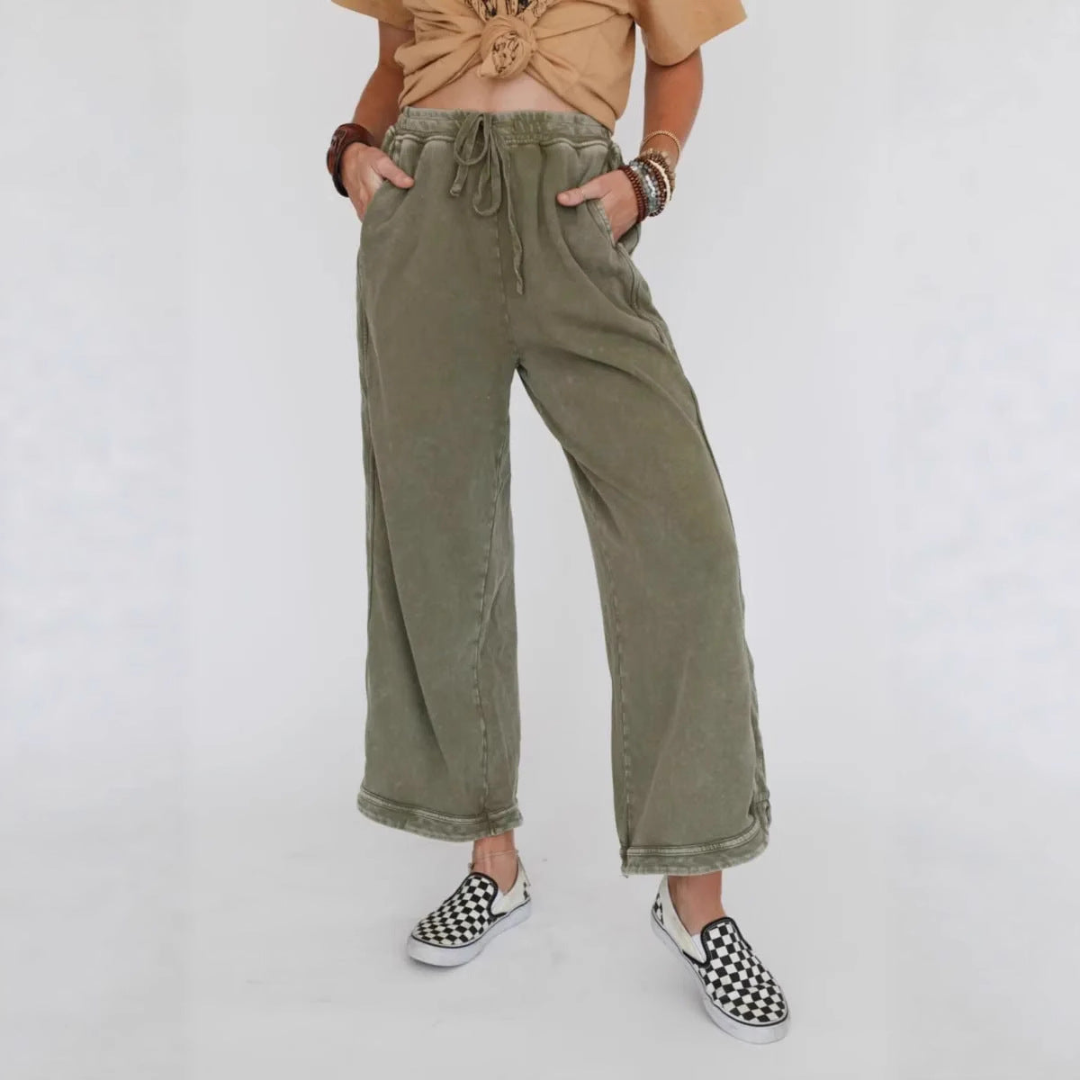 Retro Washed Vintage Casual Drawstring Long Pants – Everyday Wear, Comfortable Style