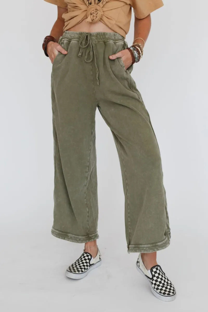 Retro Washed Vintage Casual Drawstring Long Pants – Everyday Wear, Comfortable Style