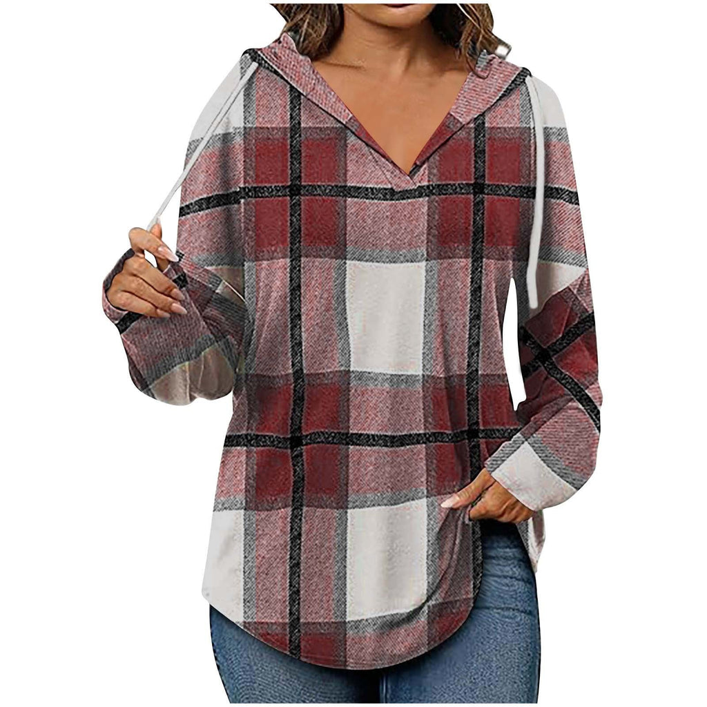Hooded Pullover V-Neck Plaid Long Sleeve – Casual Wear, Autumn Style