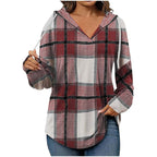 Hooded Pullover V-Neck Plaid Long Sleeve – Casual Wear, Autumn Style