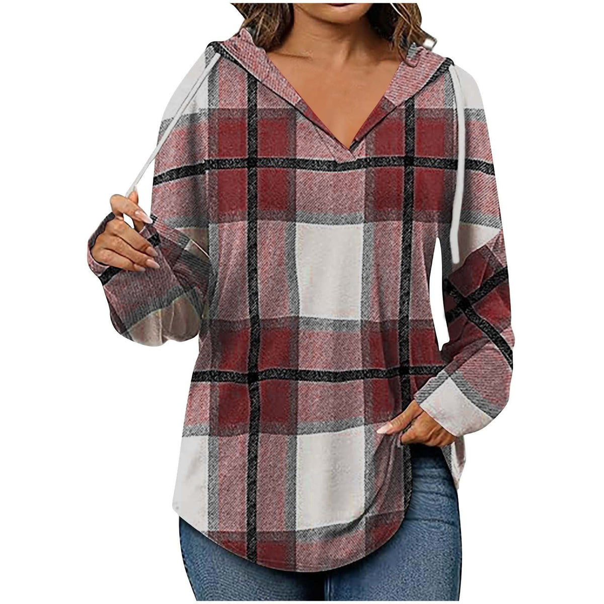 Hooded Pullover V-Neck Plaid Long Sleeve – Casual Wear, Autumn Style