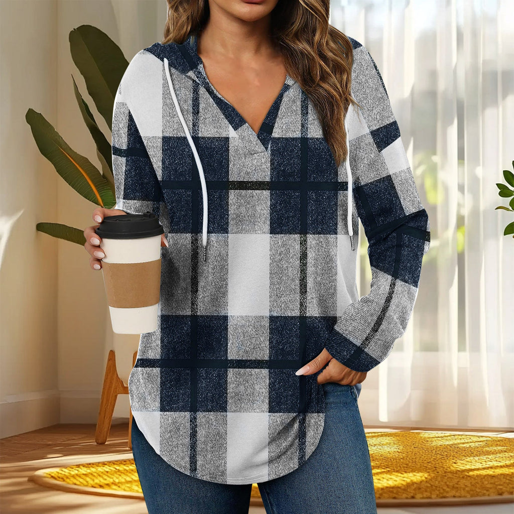 Hooded Pullover V-Neck Plaid Long Sleeve – Casual Wear, Autumn Style