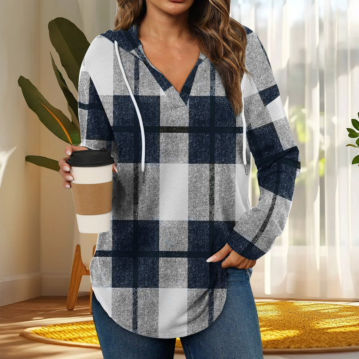 Hooded Pullover V-Neck Plaid Long Sleeve – Casual Wear, Autumn Style