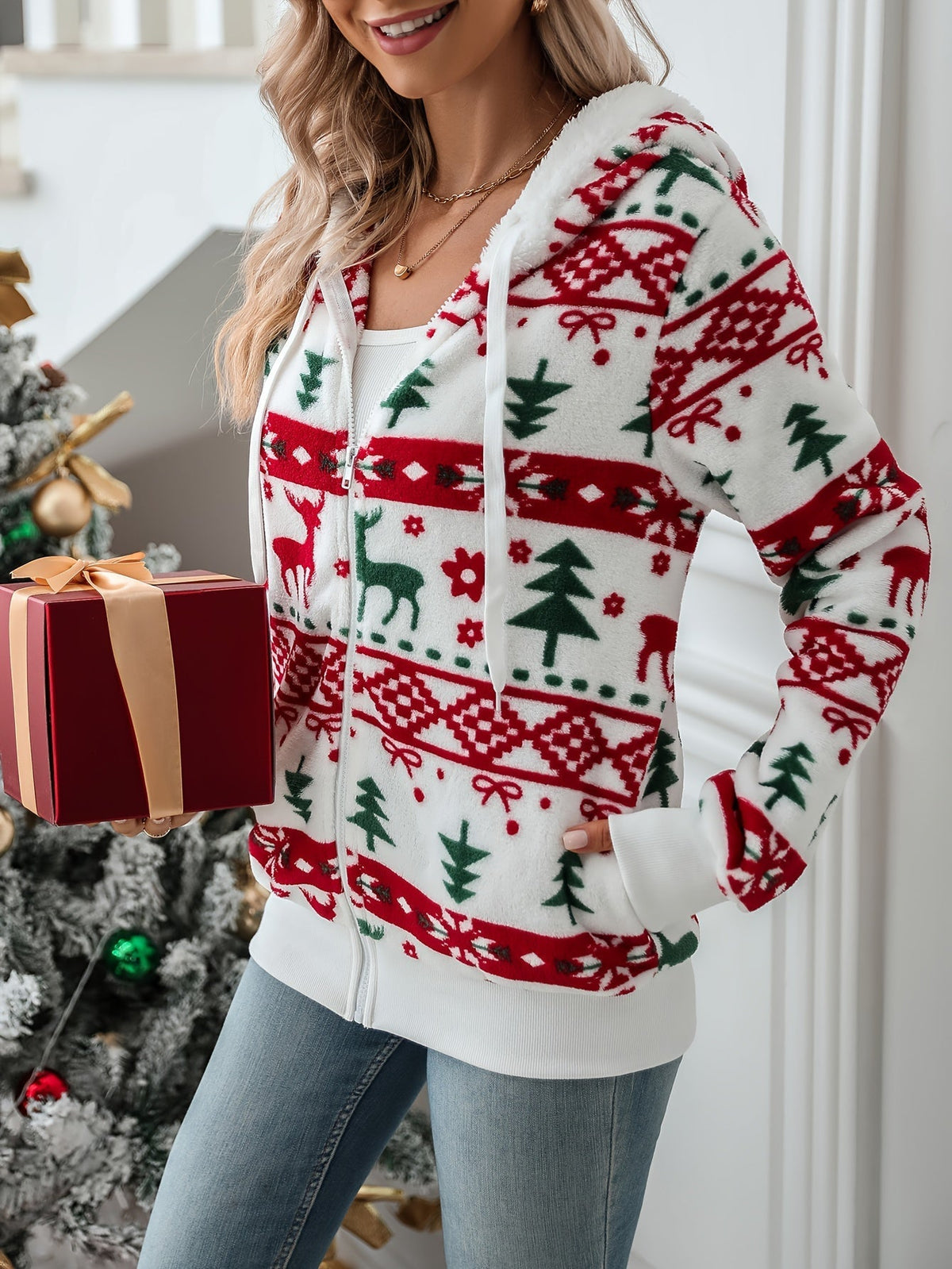 Cardigan con zip e cappuccio | Stile natalizio accogliente – Per le feste, abbigliamento casual