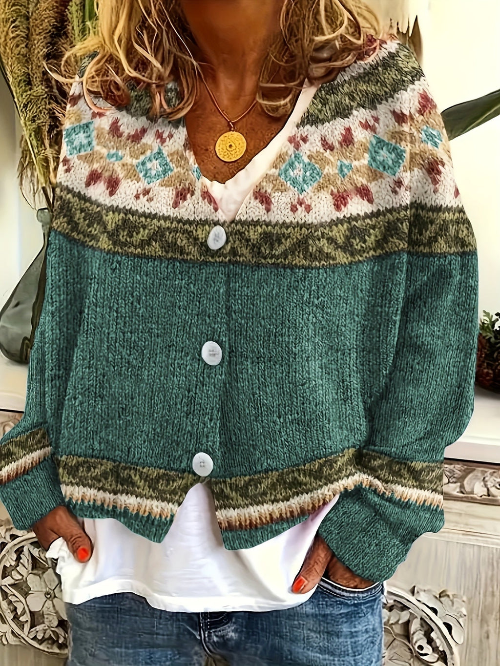 Cardigan con bottoni a fantasia – Abbigliamento casual, a strati