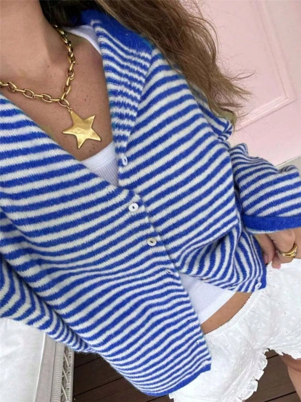 Striped Knit Cardigan with Buttons – Casual, Office