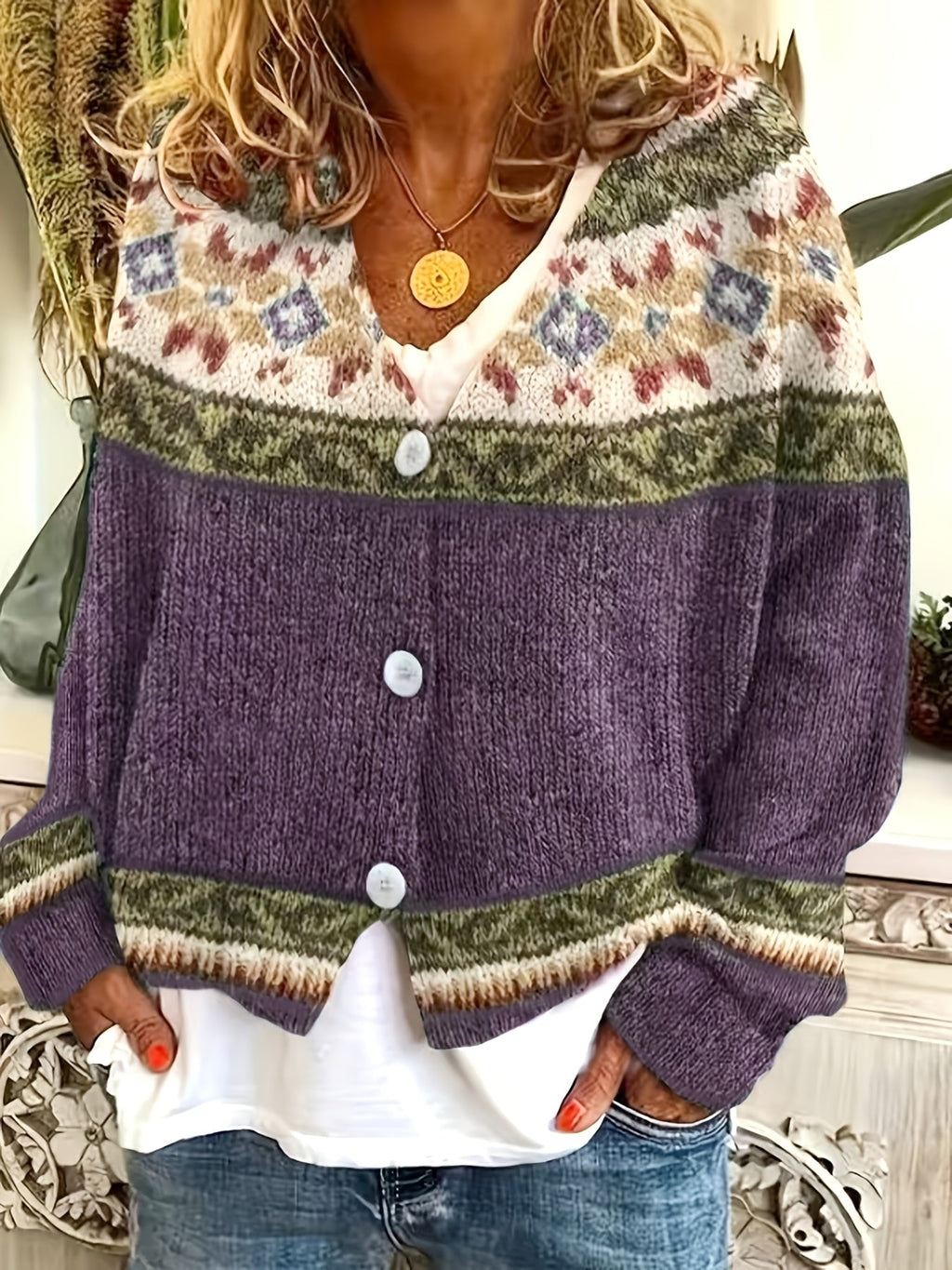 Cardigan con bottoni a fantasia – Abbigliamento casual, a strati