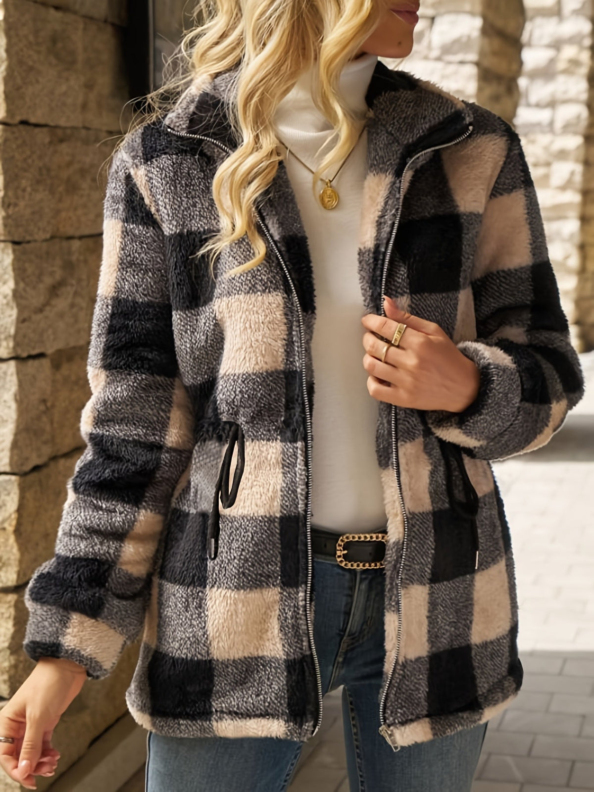 Giacca con cappuccio a quadri Cozy – Abbigliamento casual, attività all'aperto