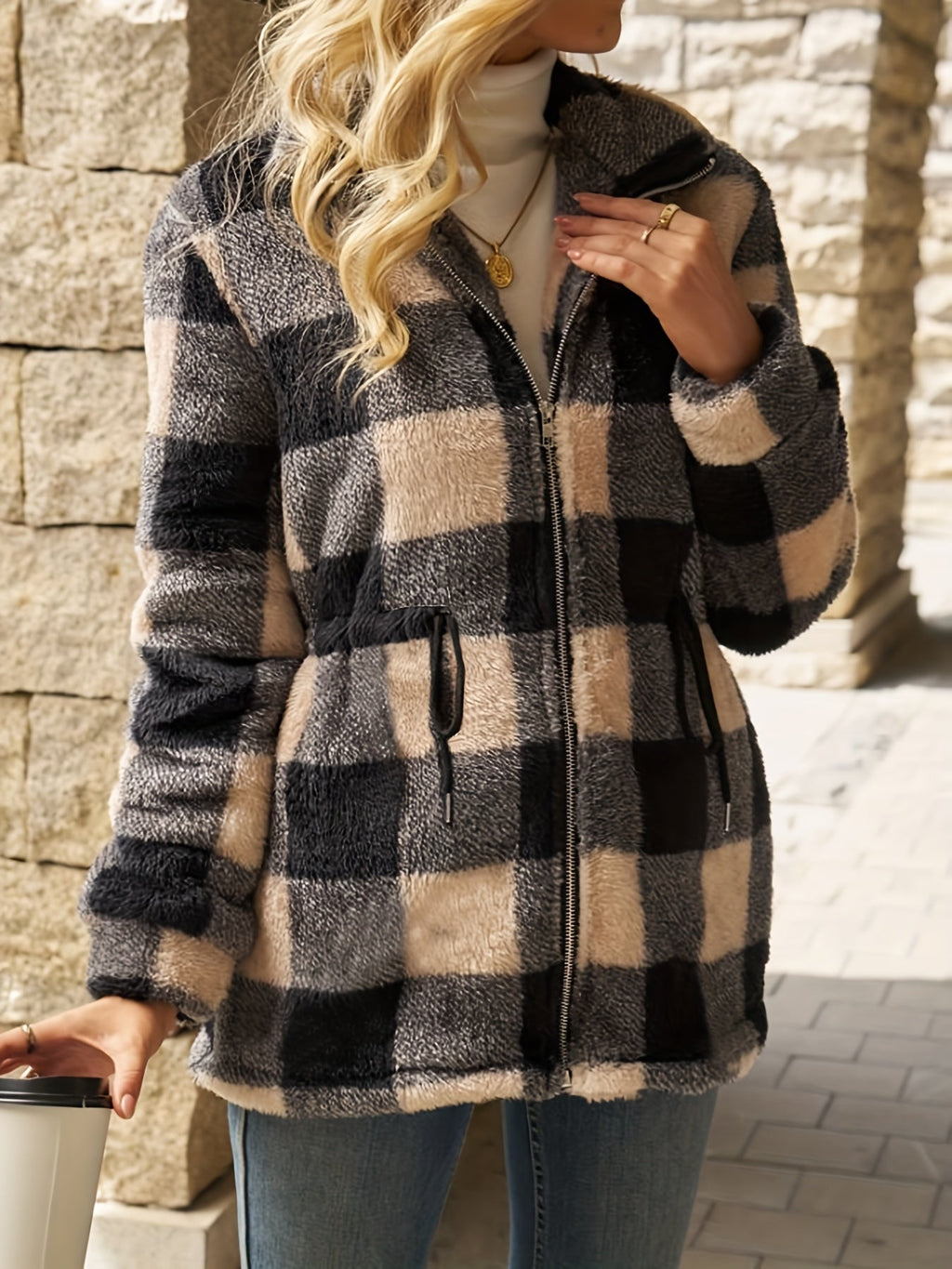 Giacca con cappuccio a quadri Cozy – Abbigliamento casual, attività all'aperto