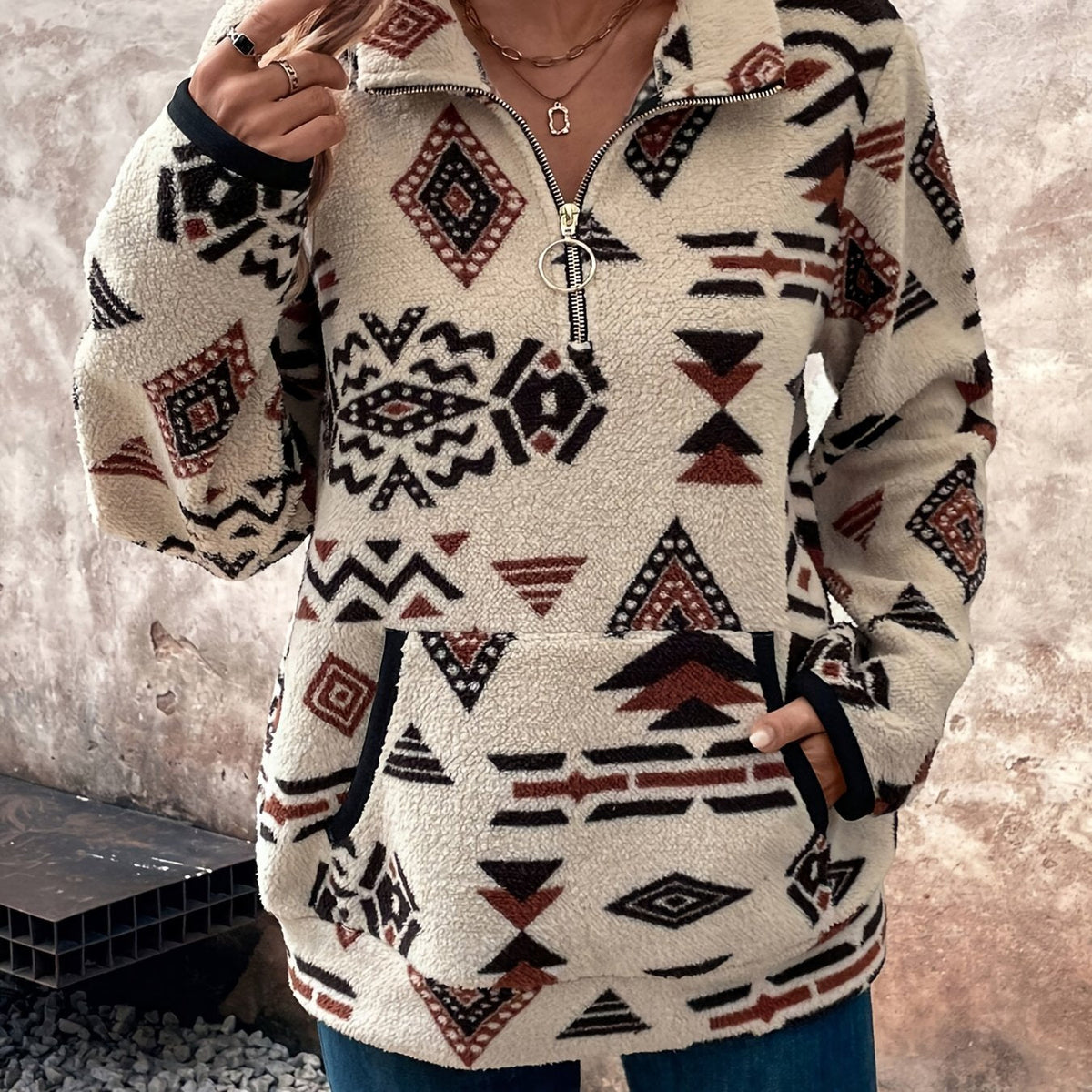 Felpa quarter-zip con stampa azteca – Abbigliamento casual, a strati