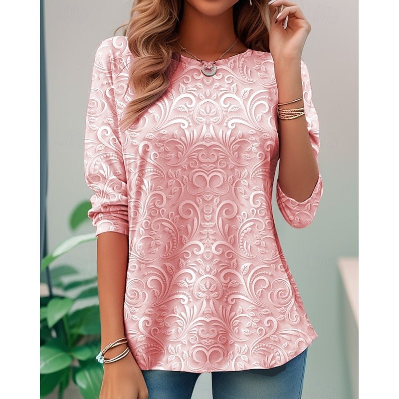 Floral Long-Sleeve Tunic Top | Elegant Design | Women's Fashion Apparel - Satinnis