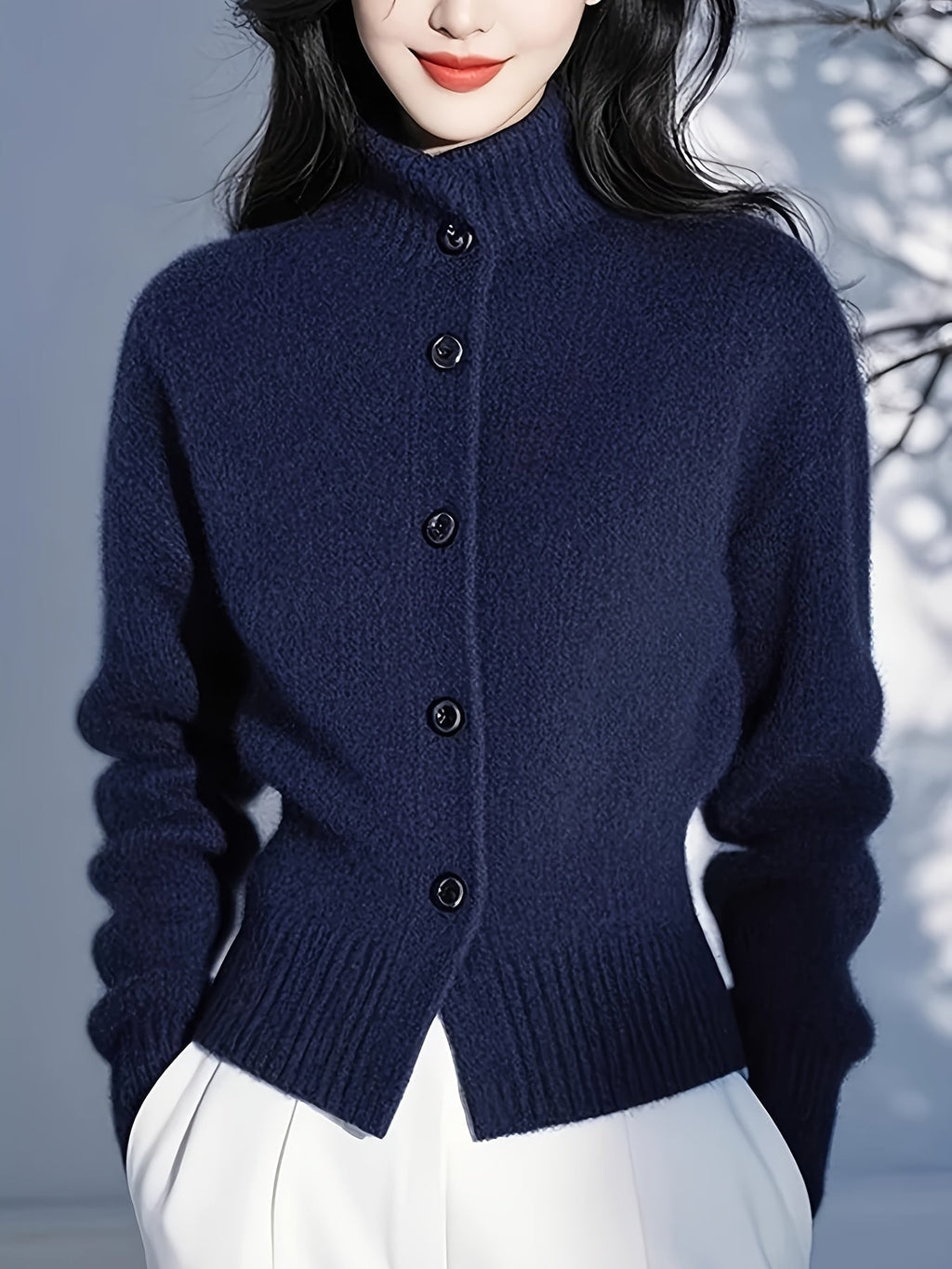 High-Neck Button Cardigan in Soft Knit for Women’s Casual Wear - Satinni