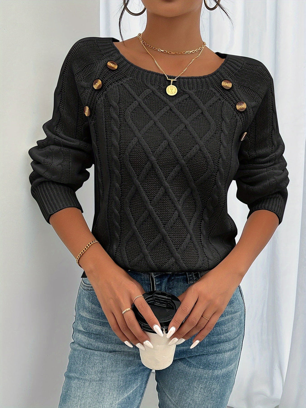 Textured Button Sweater for Women | Cozy Knit Casual Wear - Satinni