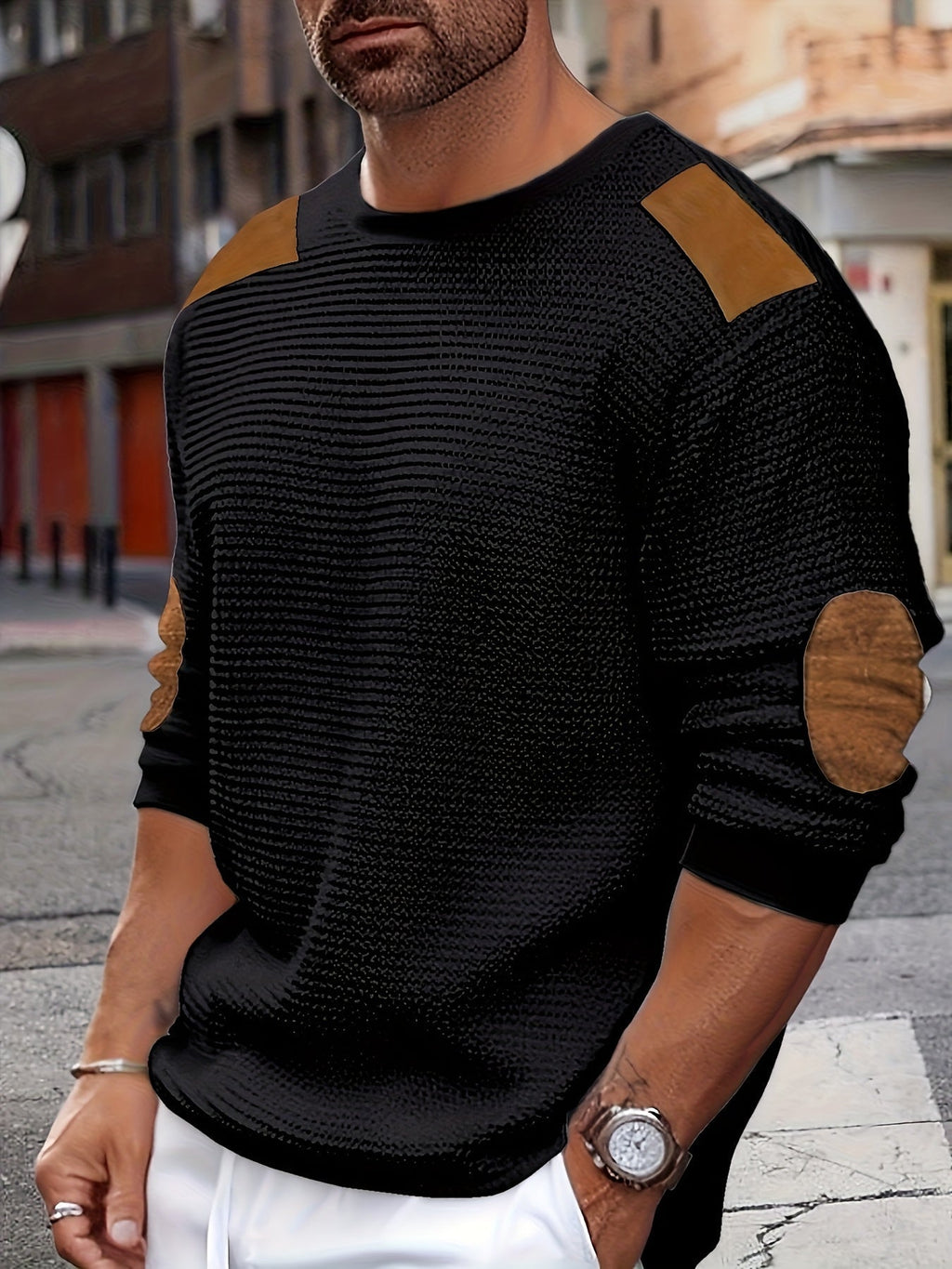 Textured Elbow-Patch Pullover Sweater for Men - Casual Knitwear - Satinni