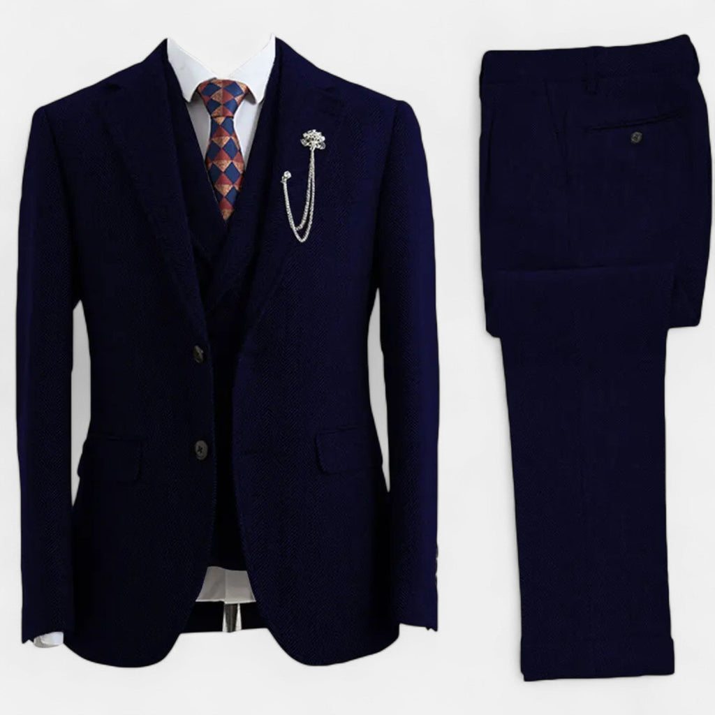 Tweed Herringbone Men's Three-Piece Double-Breasted Suit for Formal Events - Satinni