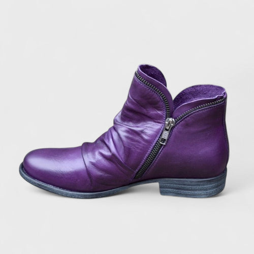 Ankle Boots Leather Purple Women's Side Zip Ruched – Casual, Office, Everyday Comfort
