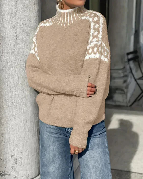 Knitted Turtleneck Jumper Grey Fair Isle Women's – Casual, Winter Everyday Warm Pullover Sweater